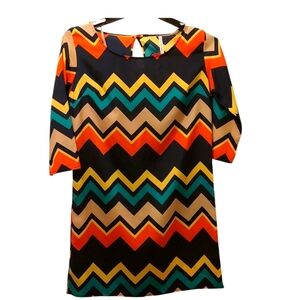 My Story Shift Dress Multicolor Chevron Medium 3/4 length sleeves NEW